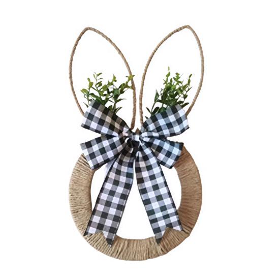 

Easter Bunny Wreath Hemp Rope Spring Rabbit Wreath with Bow Easter Door Hanging Sign for Farmhouse Front Porch Door Wall Window Decor D