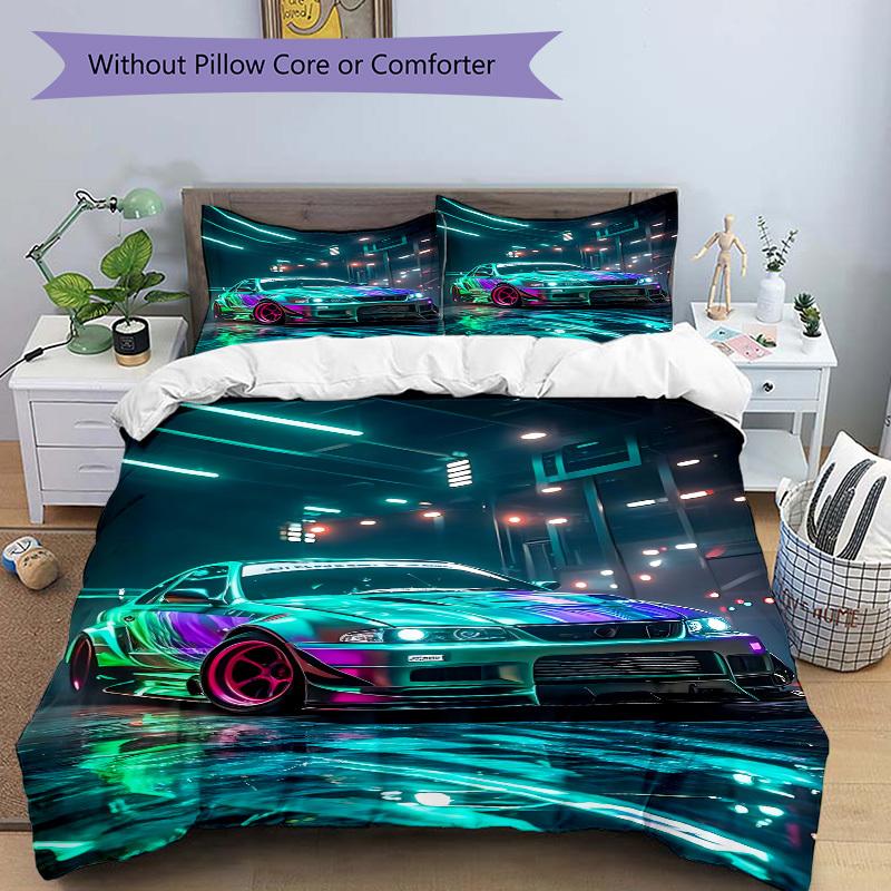 3pcs Neon Racing Bedding Set, Includes 1 Comforter + 2 Pillowcases, Without Pillow Inserts, Soft Comfortable, Lightweight Breathable, Printe