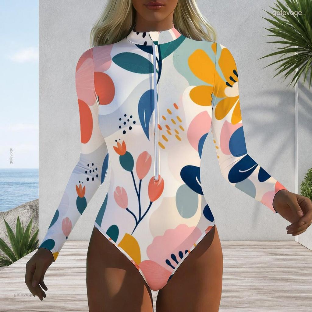 Women Plus Size Long Sleeve High Neck Front Zipper Leaf Geometric Print One Piece Swimsuit
