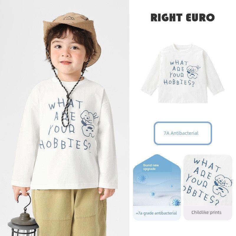 Right European Boys  Long-Sleeved T-Shirt Antibacterial Top 2026 Spring and Autumn New Style Kidsren s Baby Boys  Spring and Autumn Style Beige 140