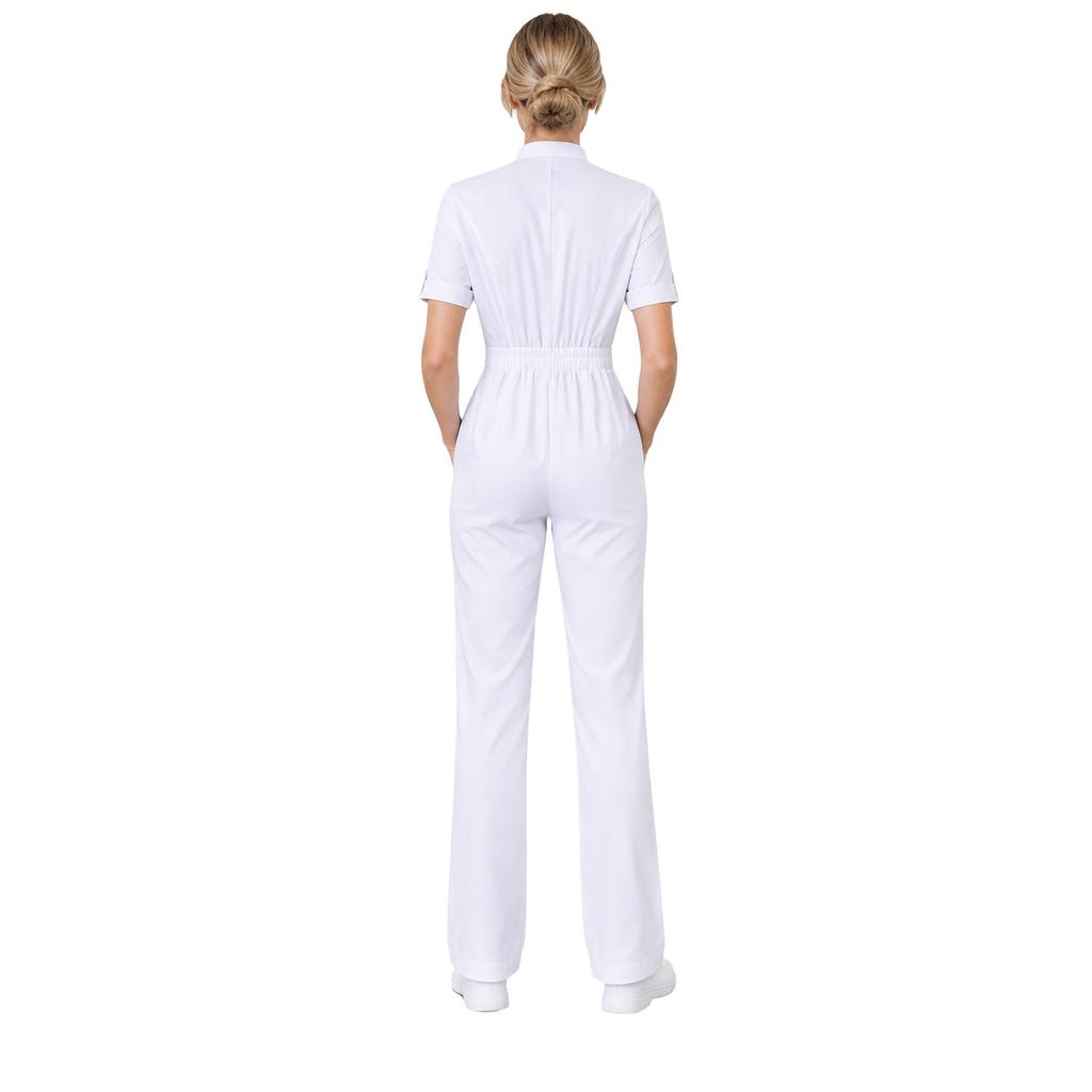 Women Color Block Scrub Romper Short Sleeve Front Zipper Straight Leg Jumpsuit Medical Workwear for Doctor Nurse Salon