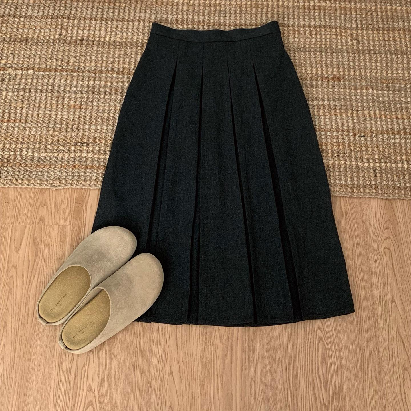 

Autumn/Winter Mid-Length Wool Pleated Skirt - Slimming, Hip-Covering Versatile Basic. Large темно-сірий