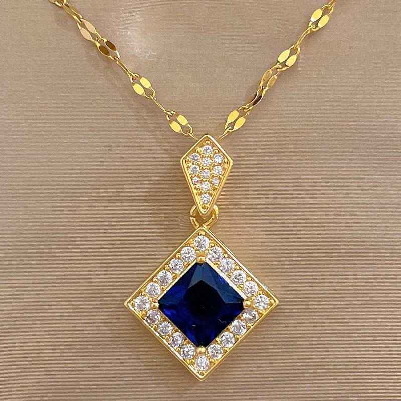 Blue Rhombus Necklace Earrings Set Light Luxury Slightly Inlaid Personalized Temperament Banquet Earrings Necklace Combination