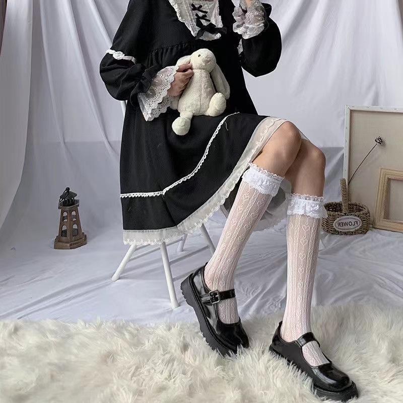 Womens Thin Mesh Breathable Midcalf Lace Socks With Mary Jane Lace Trim Hollowout Lace And Bowknots