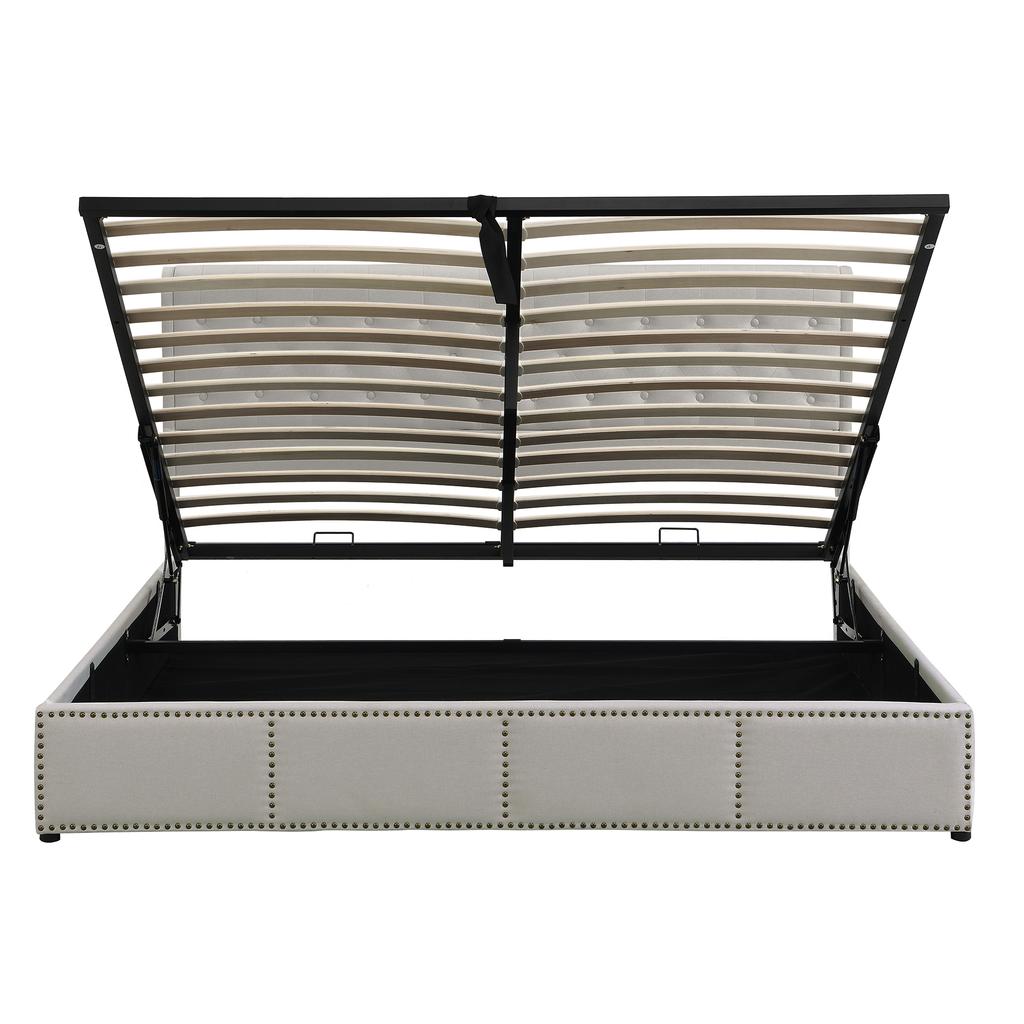 Cotton-linen upholstered bed, with hydraulic lever, bed box storage, rivet decoration, 140 x 200 cm, without mattress