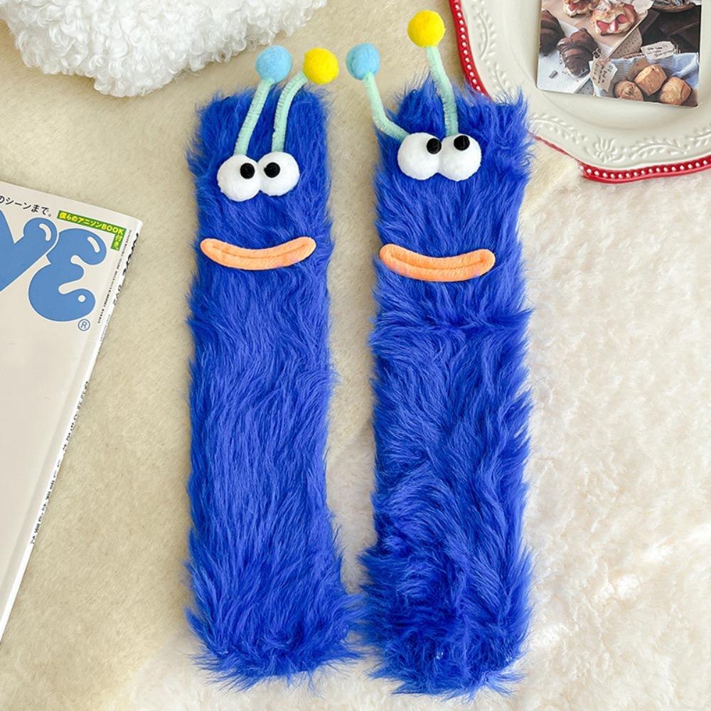 2Pairs Cartoon Funny Tube Socks Big Eyes Furry Plush Sock Soft Coral Fleece Socks  Gifts
