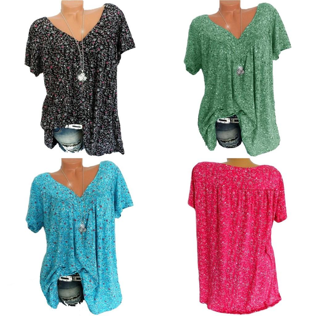 Stylish Women V Neck Floral Tee T-shirts With Plus Size Options For Summer Comfort