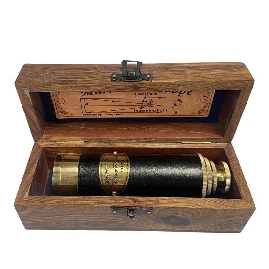 38.1 cm Brass Leather or Black Gunmetal Finish Telescope in a wood box.