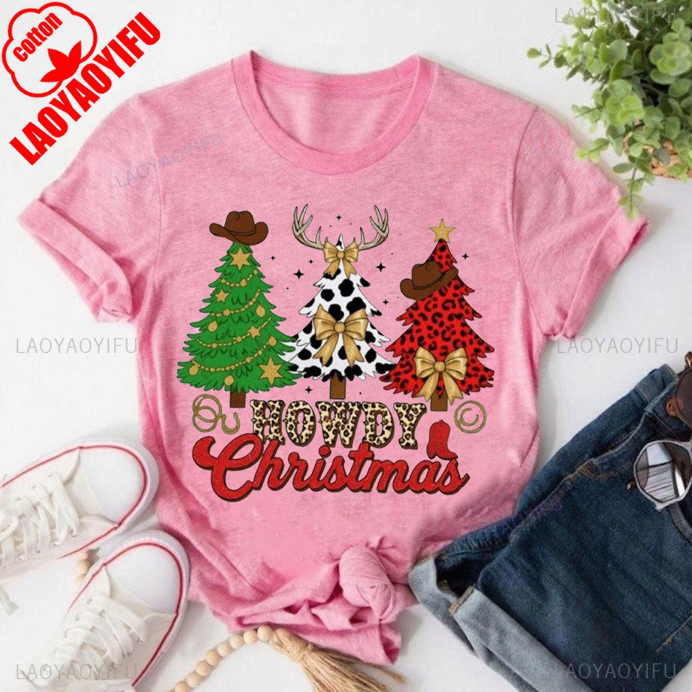 Howdy Christmas T Shirt Cowgirl Western Christmas Trees Tops Leopard Coquette Xmas Bow Tees High Quality Cotton Tops