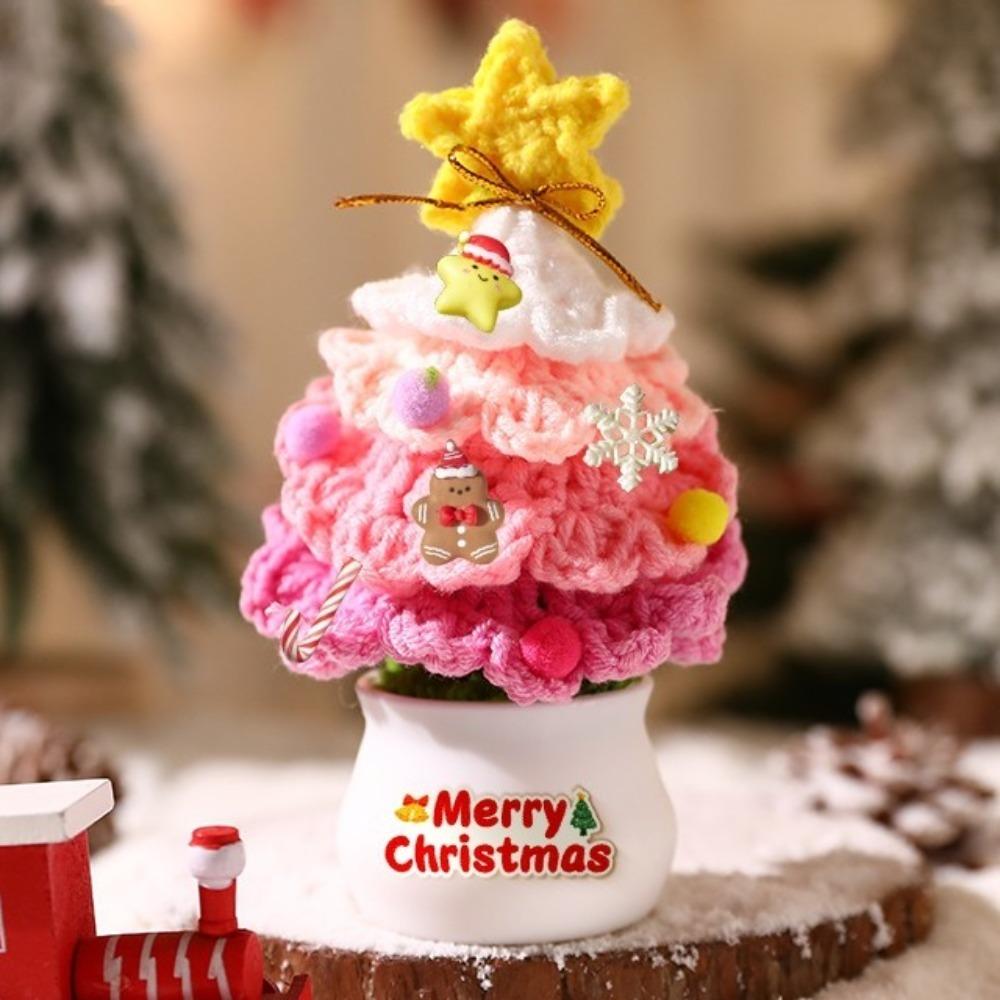 Mini Hand Woven Christmas Tree Tabletop Ornament Crochet Christmas Tree Decor Cartoon Tree Figurines Christmas Tree Potted
