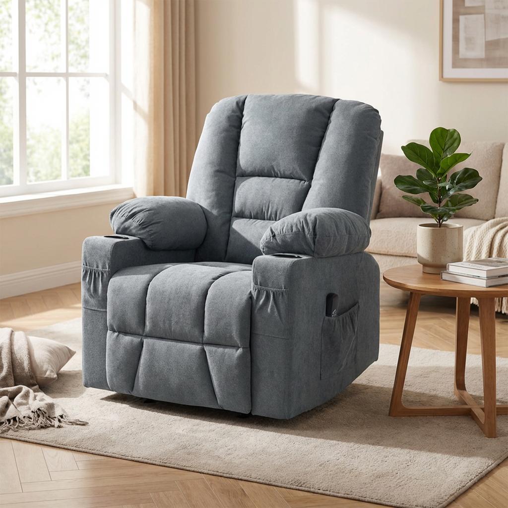 Oversized Riser and Recliner Chairs for the Elderly, Fabric Upholstered Lift Chair for Living Room with Remote Control, Side Pockets, Cup Holder, Grey