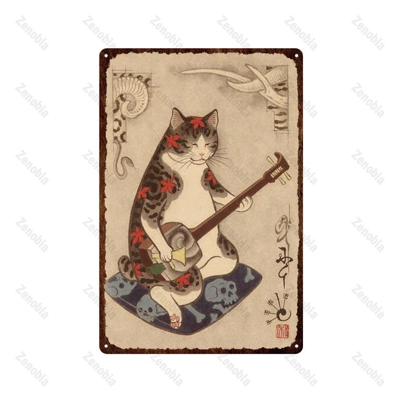 Japanese Samurai Cat Metal Sign Tattoo Cat Vintage Plaque Ukiyoe Plates Wall Art Tin Posters Shabby Man Cave Bar Home Decoration