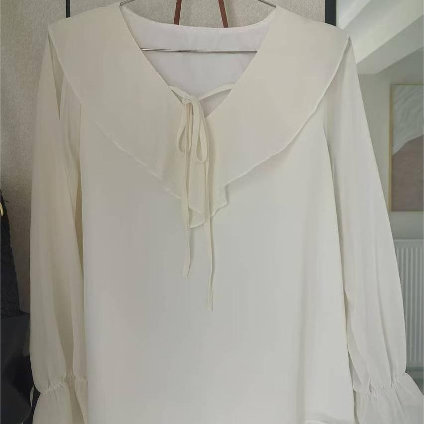 

Дизайнерская нишевая блузка женская весна лето осень нежная милая с длинным рукавом французская универсальная шифоновая модная XL