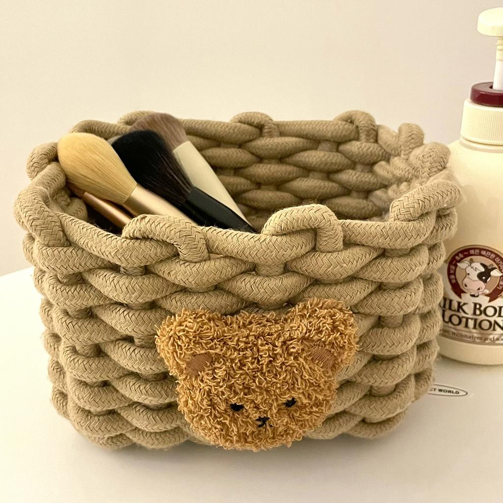 Ins Kawai Desktop Storage Basket Korean Bear Cotton Linen Woven Basket Cute Cosmetics Makeup Sundry Storage Basket Organizer Box