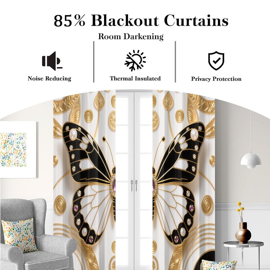 Set Of 2 Beautiful Jeweled Butterfly Printed Curtains Bedroom Living Room Kitchen Decoration Home Window Light Blocking Made Polyester Area Treatment