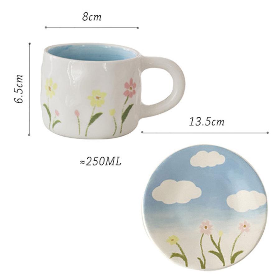 Small Fresh Blue Sky White Clouds Flower Ceramic Coffee Cup Saucer Office Afternoon Tea Cup Saucer Set Household Coffee Set 250ml