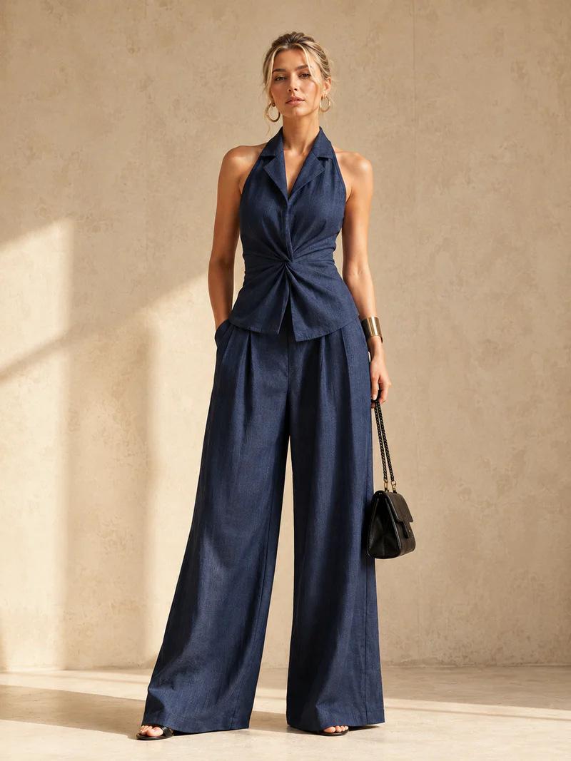 2026 European and American summer new linen neck twist top wide leg pants set temperament commuter two-piece women s clothing S тёмно-синий