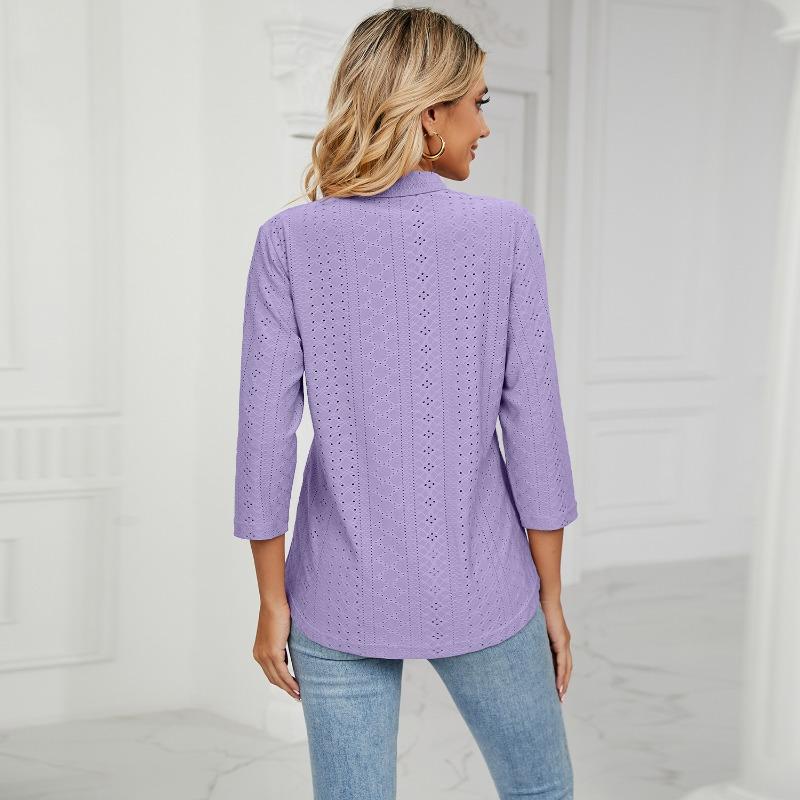 Neue Herbstkleidung für Damen, Jacquard-Oberteile mit V-Ausschnitt, T-Shirts mit mittleren Ärmeln