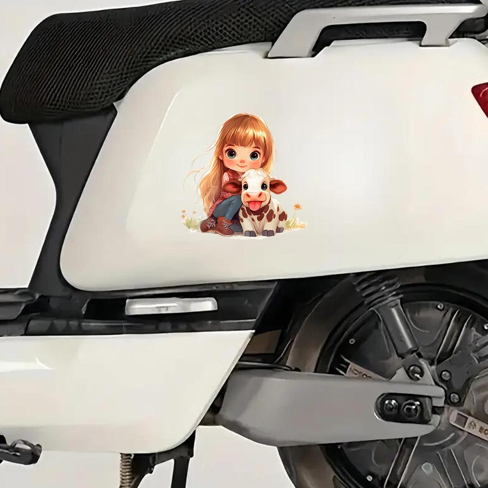 Cartoon Little Girl Cow Glass Car Background Beautification Decoration Stickers