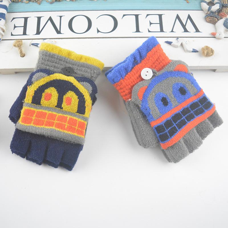 New Autumn and Winter Children's Flip Gloves, Cute Cartoon Half-finger Leaking Gloves, Warm Writing Gloves Wholesale