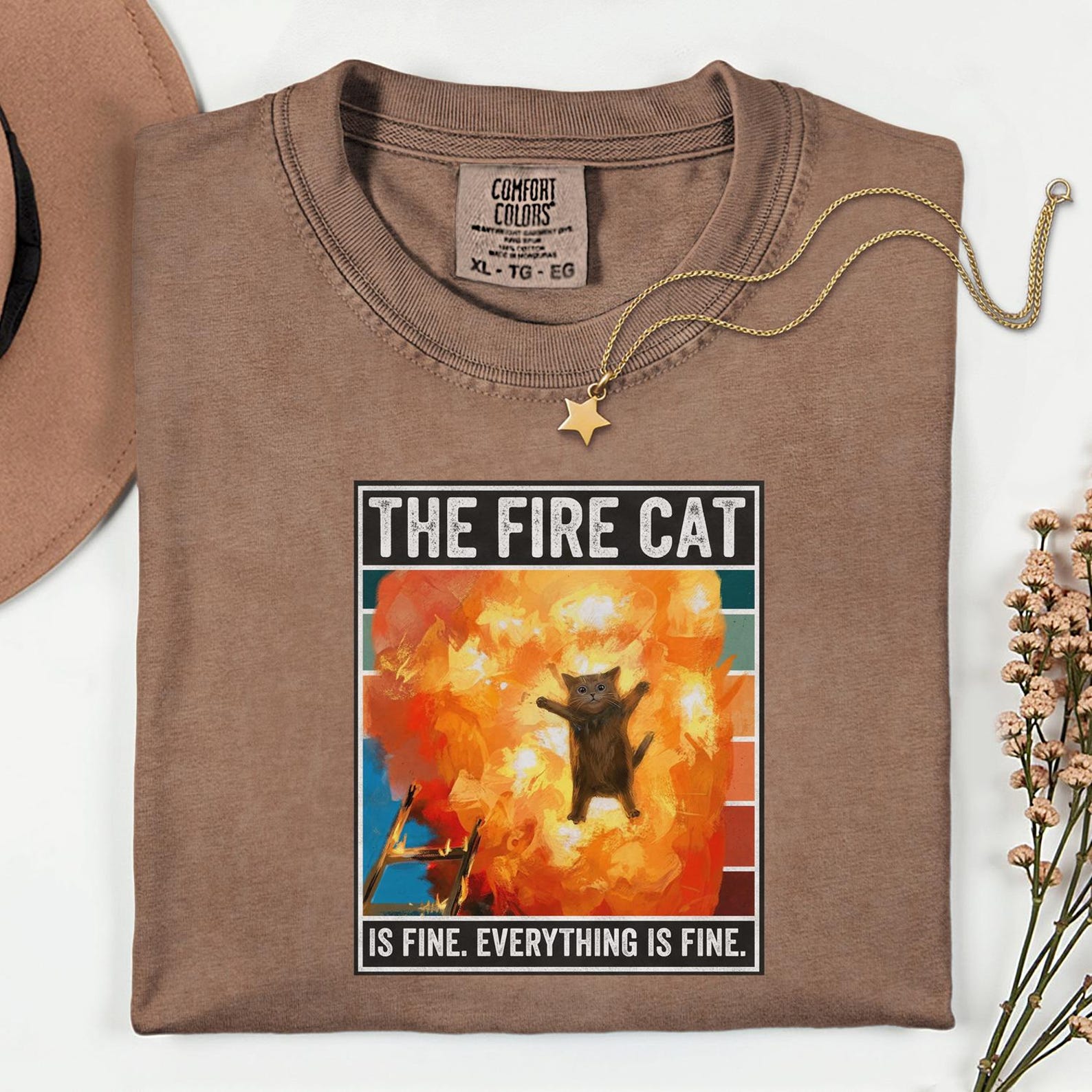 The Fire Cat Shirt, Everything Is Fine Meme, Retro Chaos Cat Tee M