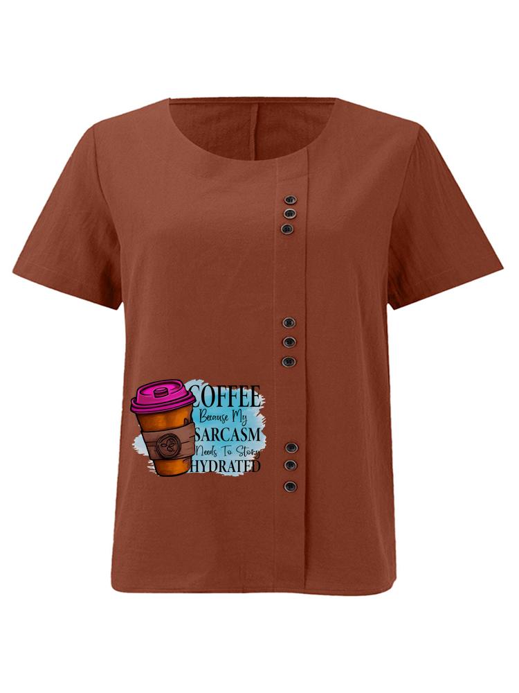 Women's Fashion Coffee Alphabet Print Casual Cotton Linen Short Sleeve Round Neck T-shirt Shirt Leisure Loose Summer Blouse Tops