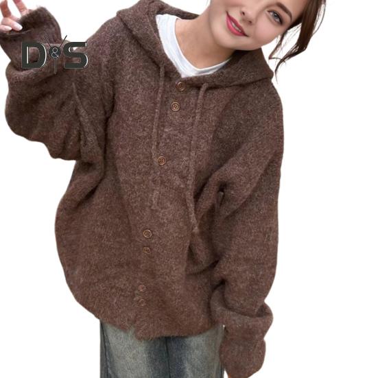 

Женский свитер, пальто с капюшоном, завязками, длинными рукавами, однотонное трикотажное пальто с застежкой на пуговицы, повседневная вязаная верхняя одежда кофейный