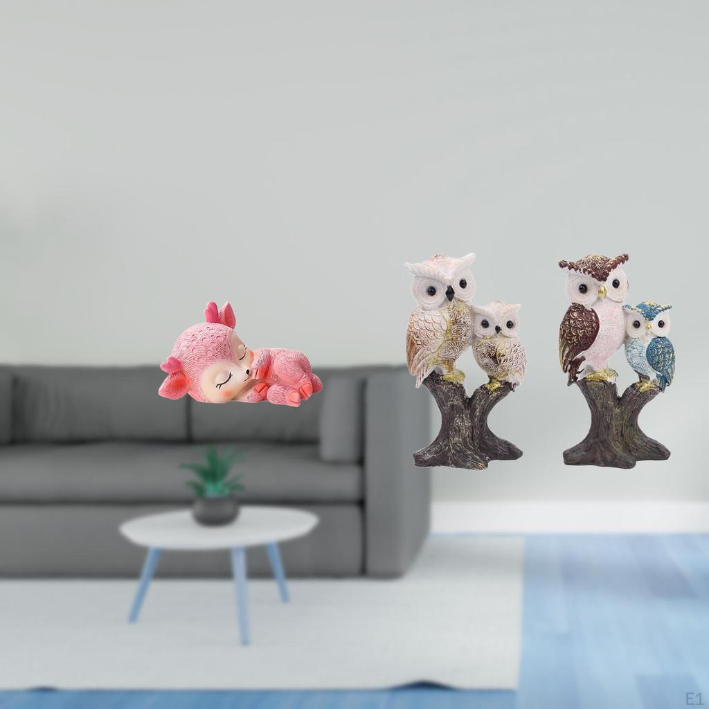 Resin Cute Sleeping Deer And Owl Statue Figurine Realistic Animal Sculpture Tabletop Desktop