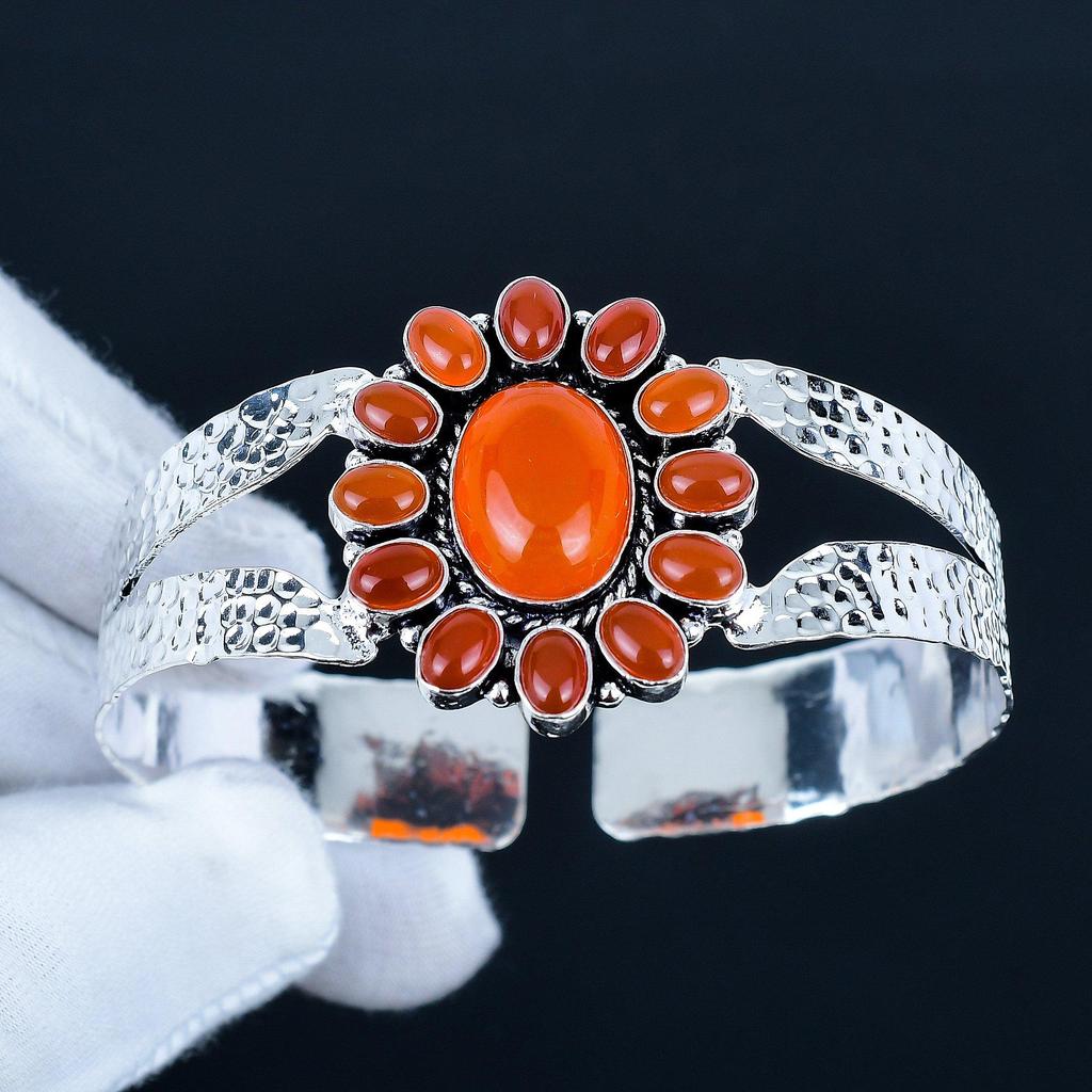Karneol Edelstein Handgefertigter Armreif 925 Sterlingsilber Armreif, Karneol Blütenform Armband für Ehefrau, Unisex Armreif Party Wear Geschenk