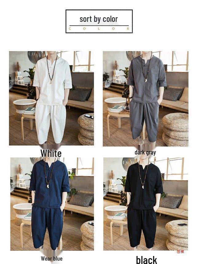 Men's Chinese Linen Pajama Set: Short Sleeve Hanfu Top with Frog Buttons and Cotton Linen Capri Pants In Trendy Loose Fit