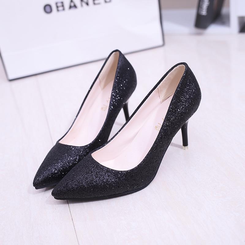 

Crystal shoes, wedding shoes, women s new Korean version shoes, pointed stilettos, high heels, thick heels, princess light mouth shoes. 34 чёрный