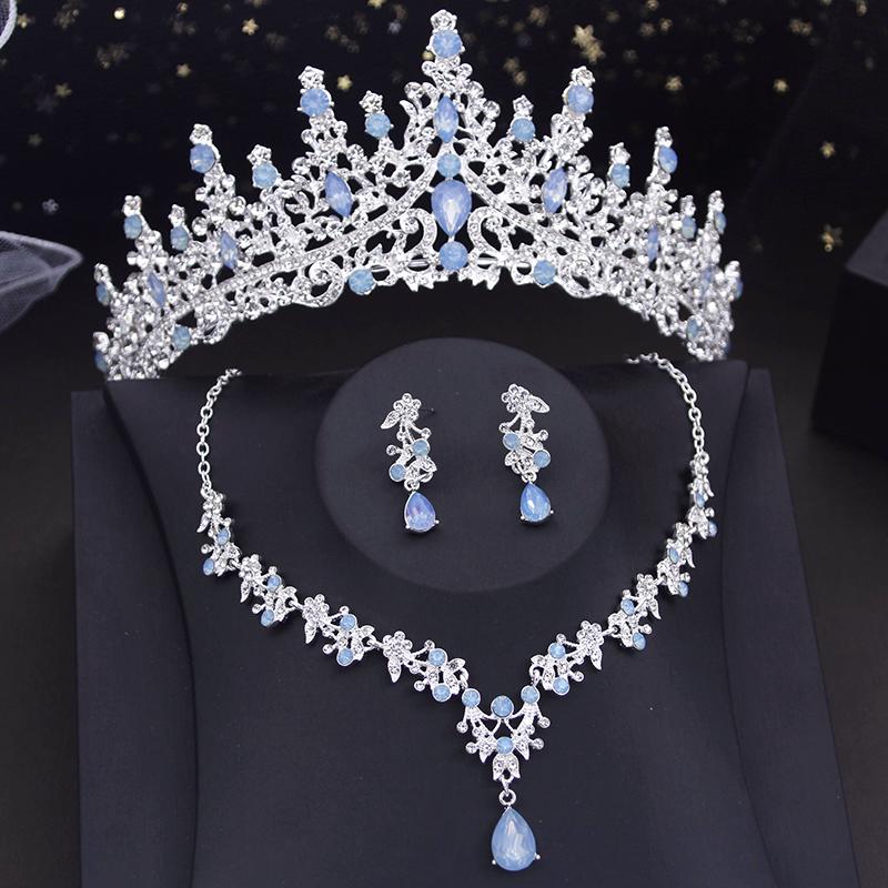 Gorgeous Green Tiaras Jewelry Sets for Women Bridal Wedding Crown Set Party Prom Bride Necklace Earrings Costume Accessory