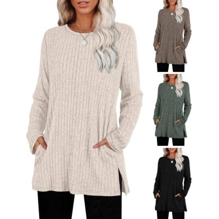 Women Long Sleeve Knit Tops Casual Solid Color Striped Blouse with Side Pocket