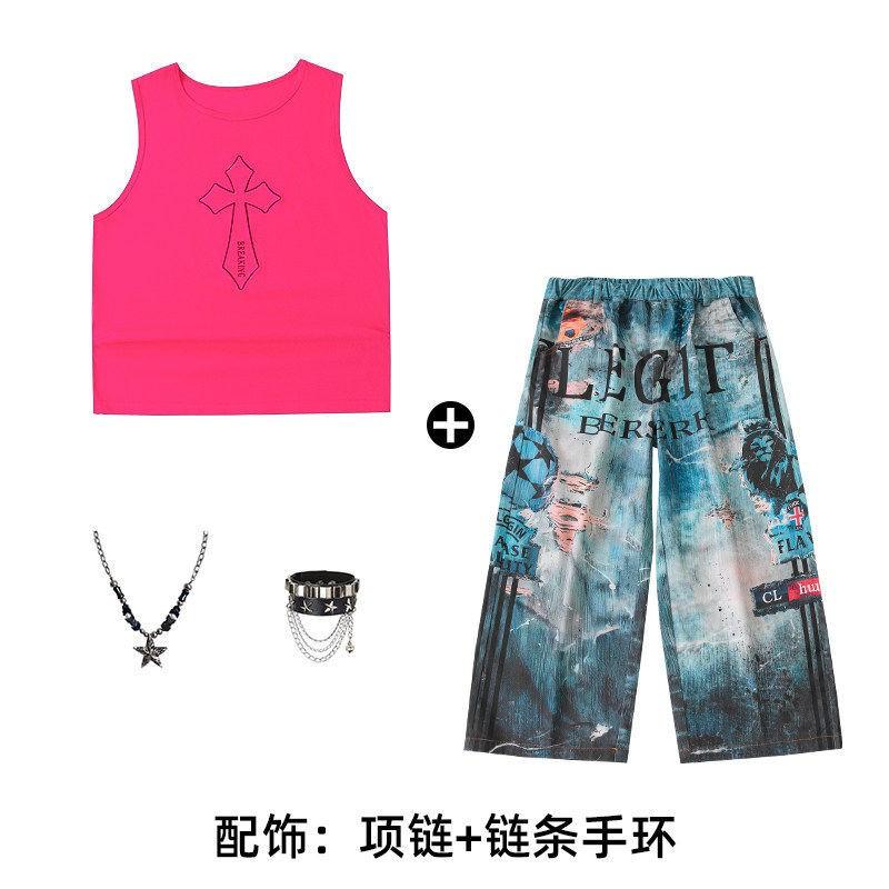 Kids Hip Hop Dance Outfit Set Boys Girls - Sleeveless Pink Top Navy Blue Pants With Accessories