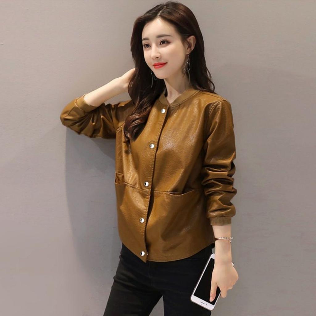 Moda Jaqueta de couro curta feminina outono e inverno solto casaco casual