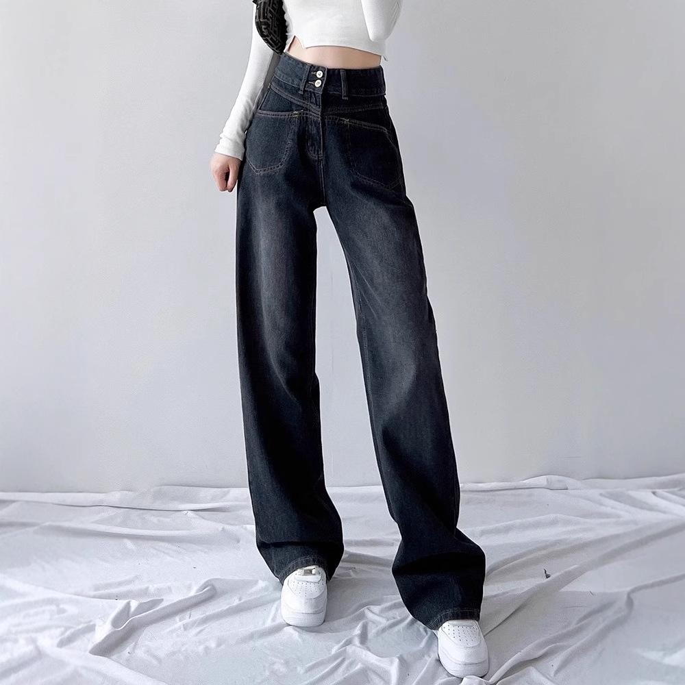 Women's Black High-Waist Wide-Leg Jeans - Autumn 2025 Trendy Loose Slim-Fit Pants