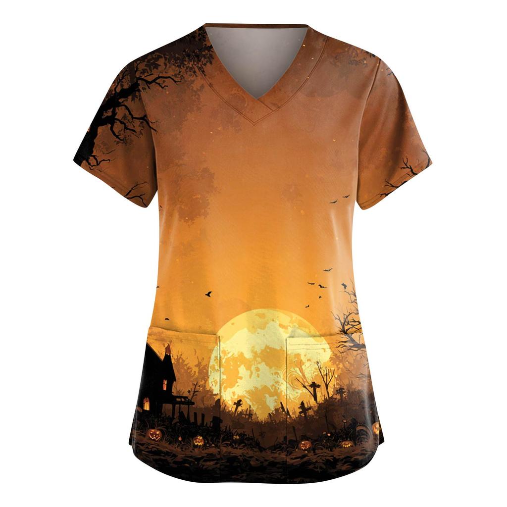 Dámská móda Overaly s krátkým rukávem a výstřihem do V s kapsami Halloweenské potištěné topy Oblečení