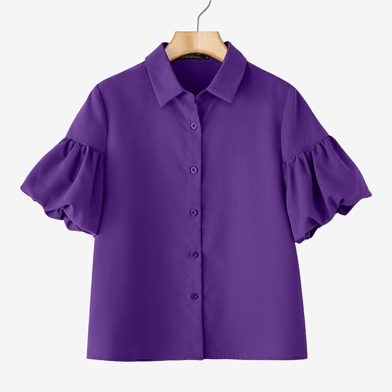 ZANZEA Women Summer Turn Down Collar Puff Short Sleeve Blouse
