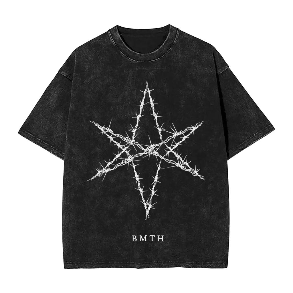 ROCK Band Bring Me The Horizon Tees for Fans BMTH Washed Vintage Tops Novelty Graphic Print Tee Shirt Vintage Loose Cotton Tops