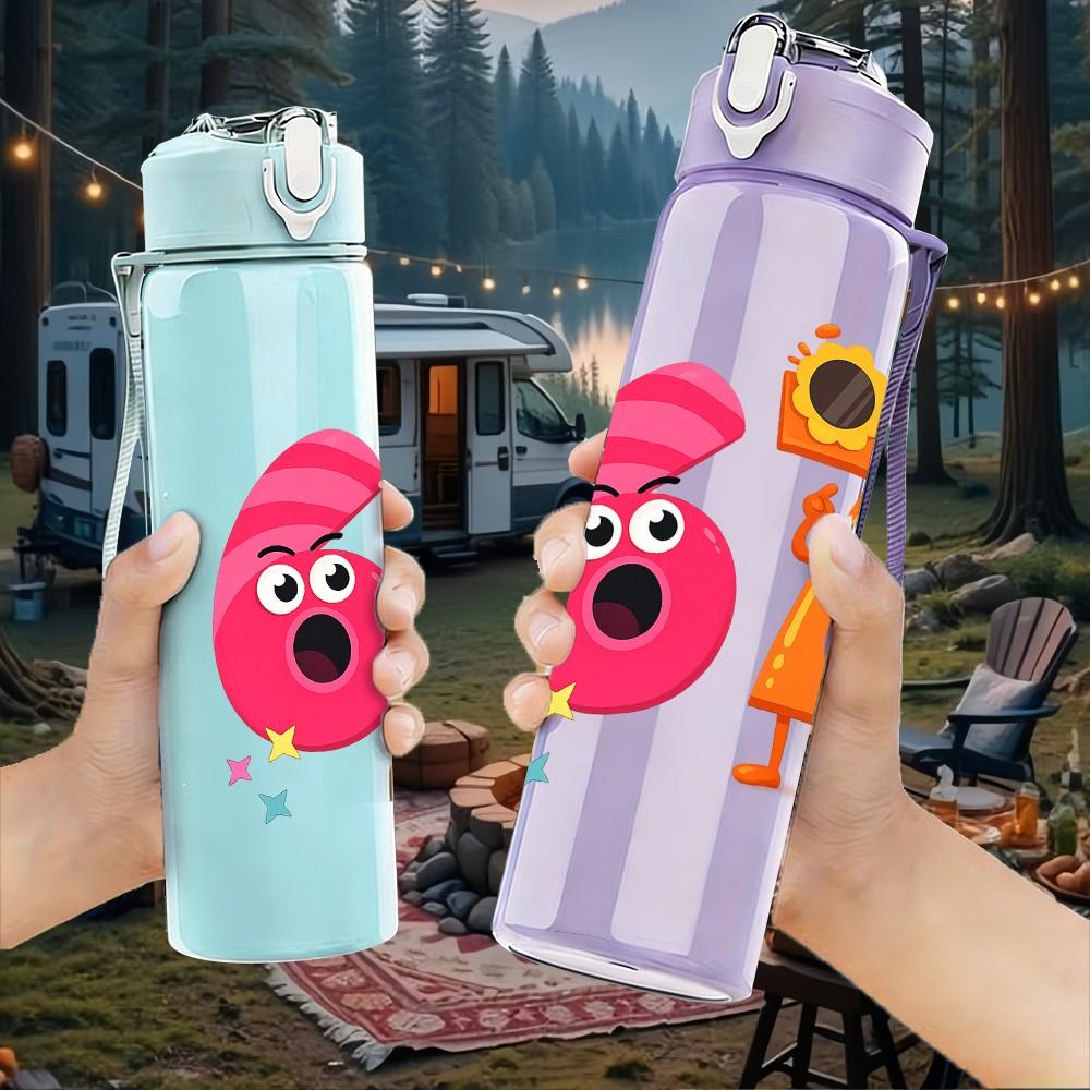 1PC 6 Cartoon Character Number Print 750ml Color Plastic Sports Water Bottle Leakproof Flip Straw Lid Suitable for Sports Office Home Use