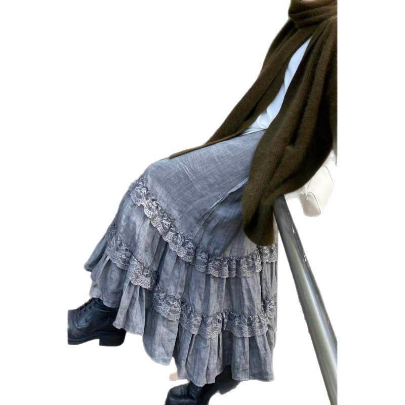 Women's French Patchwork Lace Skirt - Gray, Irregular Harajuku Style for Spring/Summer
