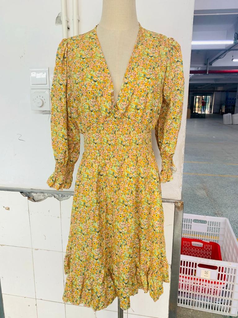 Damen-Kleid, lässig, modisch, kurzärmelig, V-Ausschnitt, Chiffon, Blumenmuster, Kunststoff-Taille