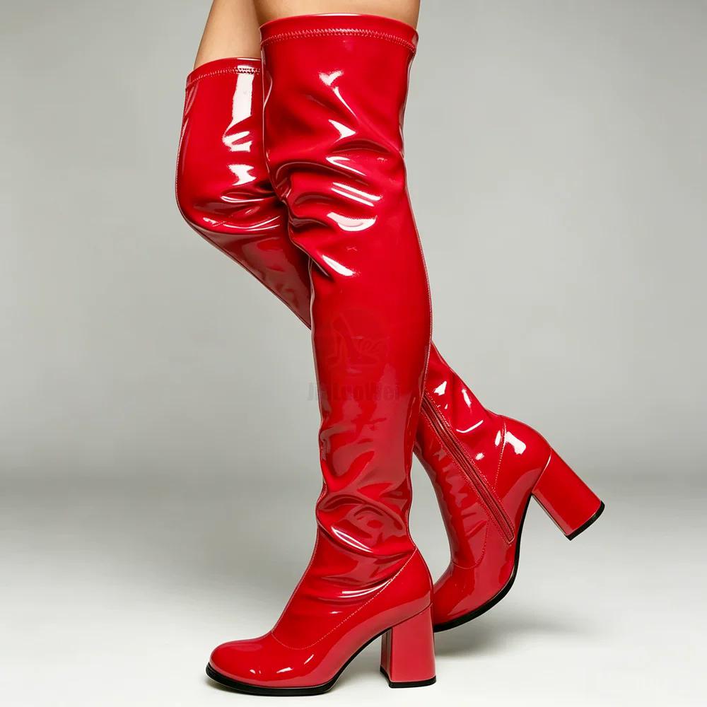 Botas Retro clásicas para mujer JIALUOWEI, botas sexis con cremallera por encima de la rodilla, botas hasta el muslo con tacón de bloque cuadrado, botas elegantes para fiesta de baile con brillo