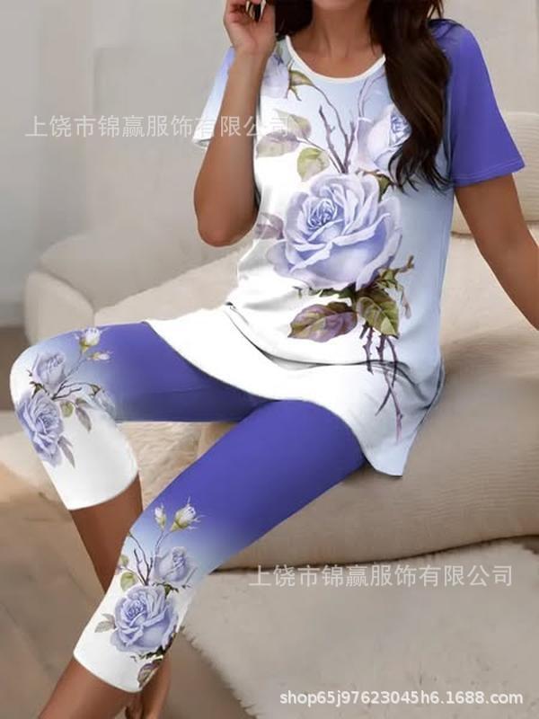 Gradual change/flower printing casual suit, round neck short sleeves + cropped pants for home and out