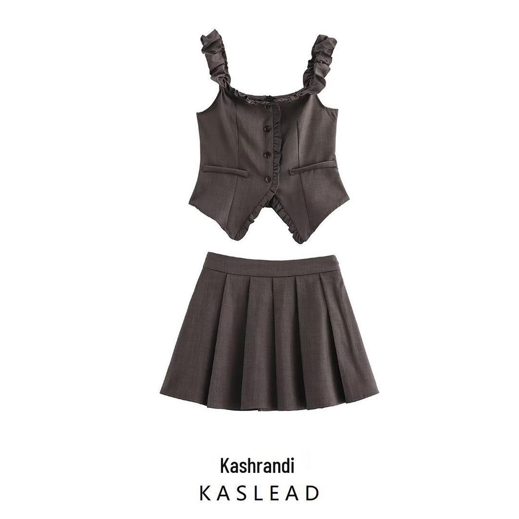 2025 Spring Women's European-American Ruffle Off-Shoulder Top & Pleated Skirt Set