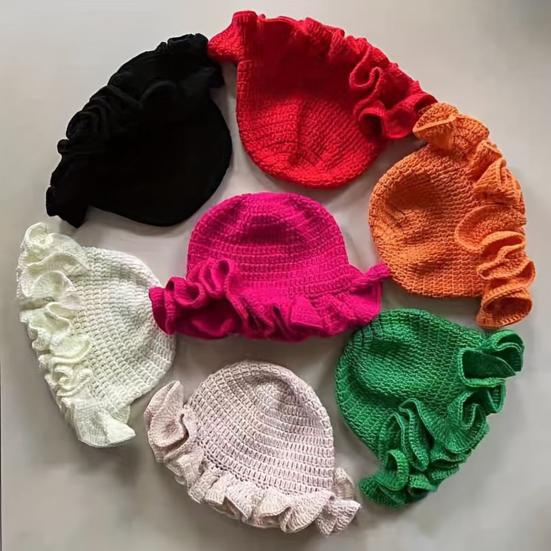 Fisherman Hat Solid Color Ruffled Brim Design Knitting Hat Windproof Warm Sun Protection Outdoor Activities Hat