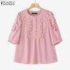 ZANZEA Womens Casual Lace Patchwork Round Neck Half Sleeve Blouse