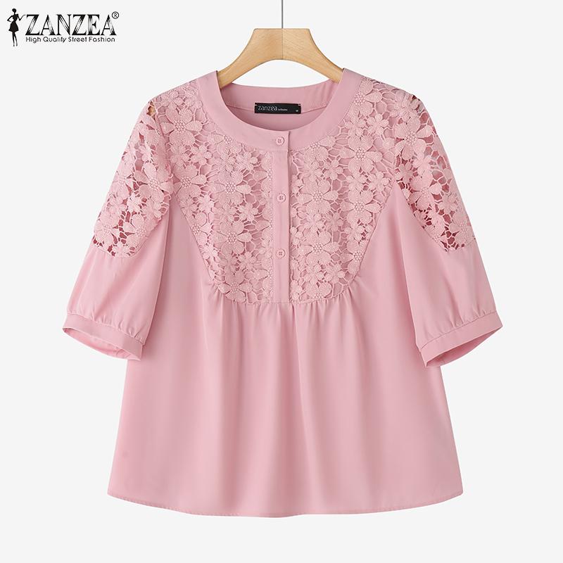 ZANZEA Womens Casual Lace Patchwork Round Neck Half Sleeve Blouse