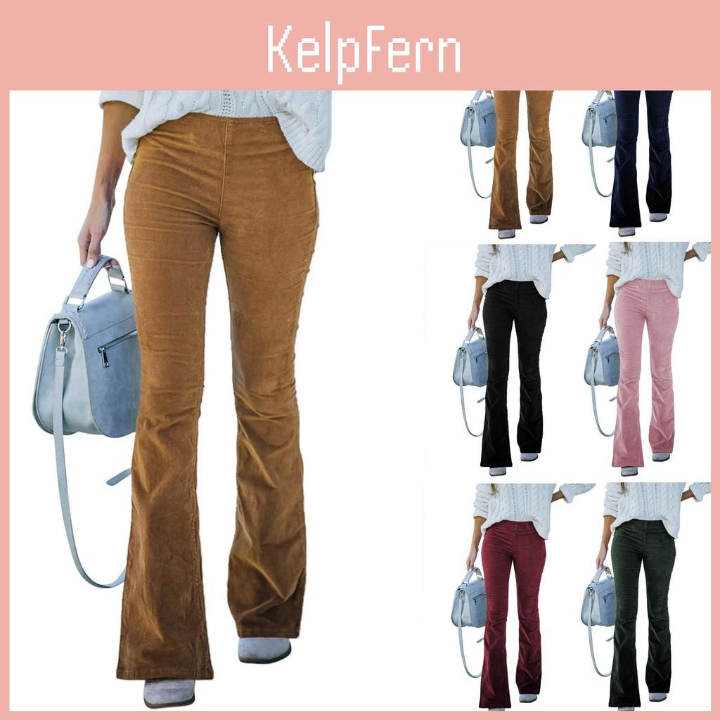 Ladies Slim Fit Color Solid Micro Flared Pants Elastic Waist Casual Pants Corduroy