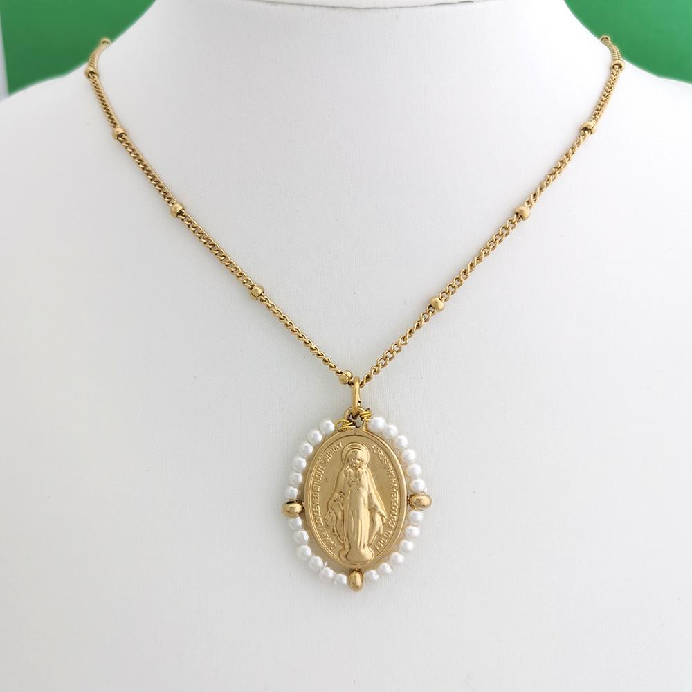 QMHJE Virgin Mary Stainless Steel Pendant Necklace Women Choker Beads Chain Oval Round Charm Gold Color Jewelry White Black